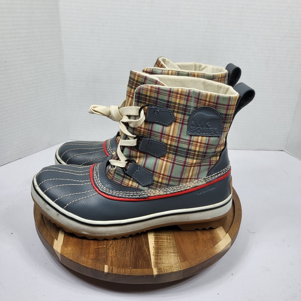 Sorel Slimpack Riding Boots Women 7 Grey Plaid Good Waterproof Duck NL1857-028